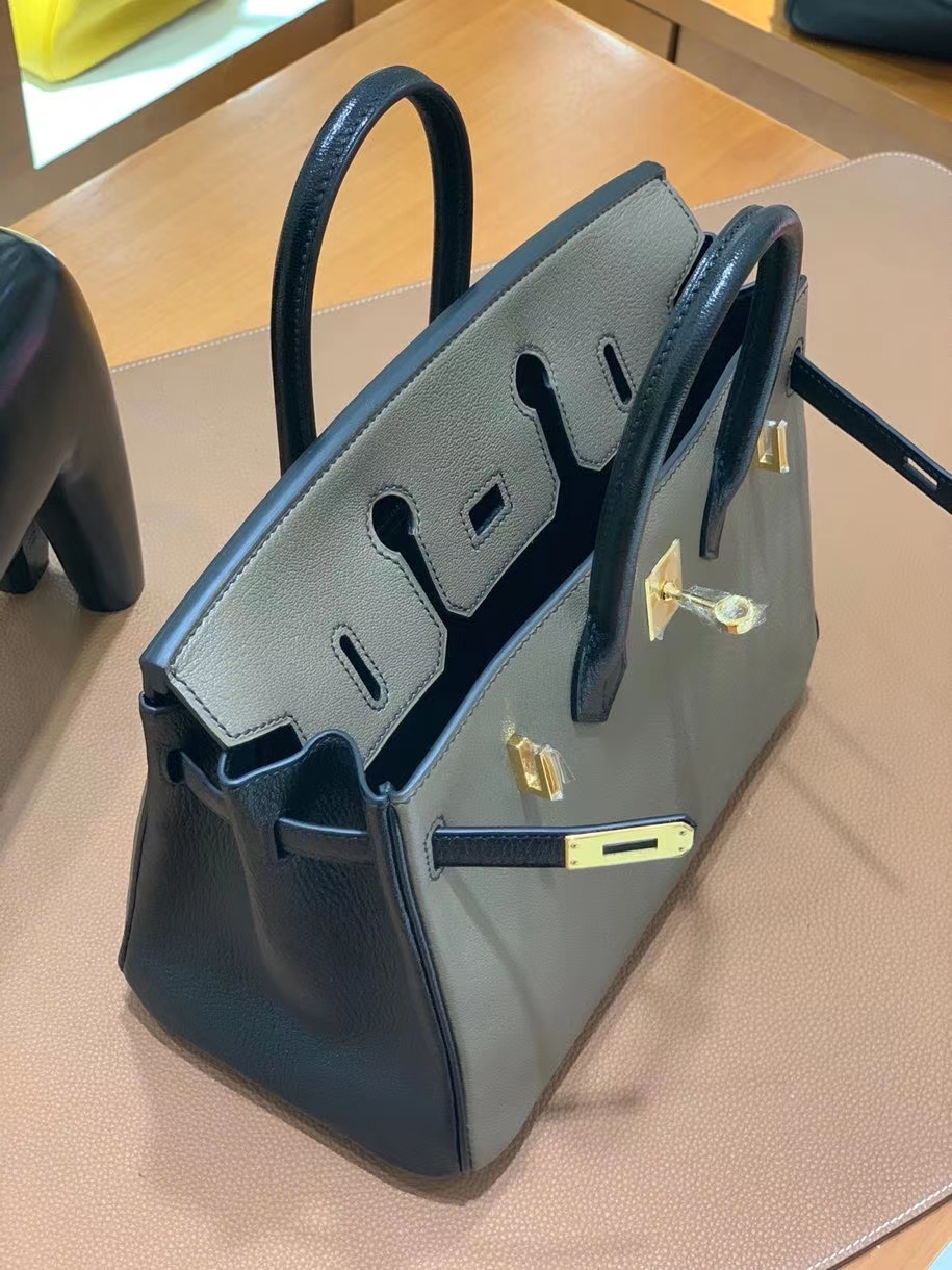 Hermès（爱马仕）Birkin 铂金包 山羊皮 大象灰拼黑色 金扣 25cm
