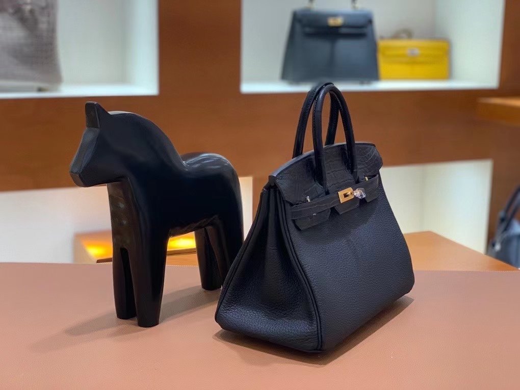 Hermès（爱马仕）Birkin 铂金包 Togo拼鳄鱼皮 黑色 金扣 25cm