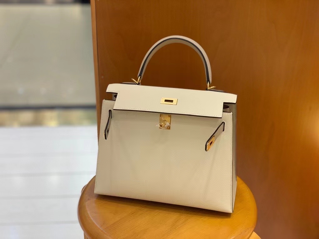 Hermès（爱马仕）Kelly 凯莉包 Epsom 奶昔白拼斑鸠灰 金扣 25cm