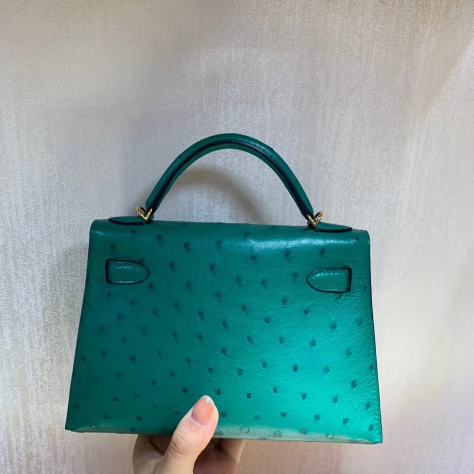 Hermès（爱马仕）鸵鸟 U4丝绒绿 minikelly 19cm 金扣 现货