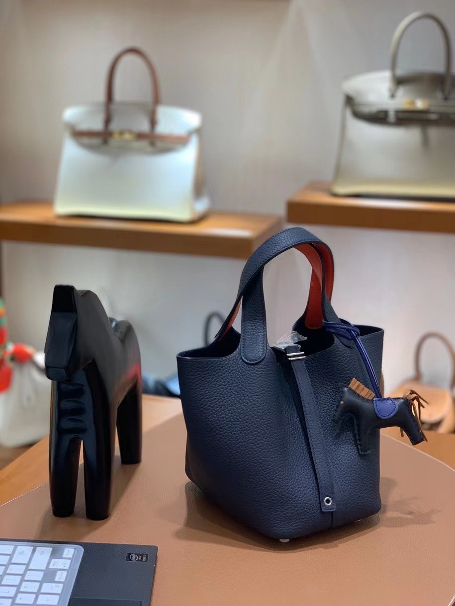 Hermès（爱马仕）Picotin 菜篮子 swift 拼 TC皮 午夜蓝 拼 罂粟橘 18cm 银扣 现货