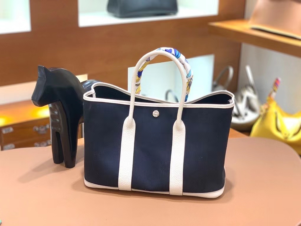 Hermès（爱马仕）Garden Party 花园包 TC拼帆布 奶昔白拼黑色 30cm 银扣