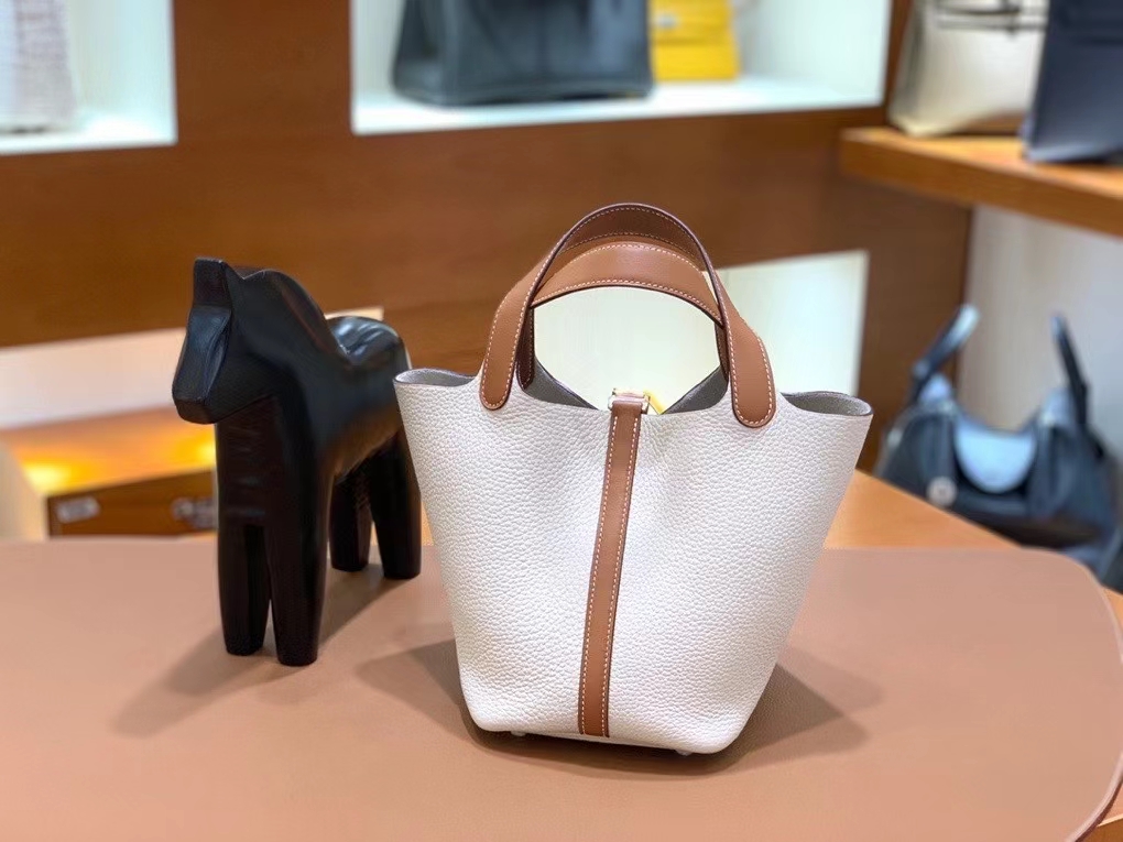 Hermès（爱马仕）Picotin 菜篮子 swift 拼 TC 金棕色 拼 奶昔白 18cm 金扣 现货