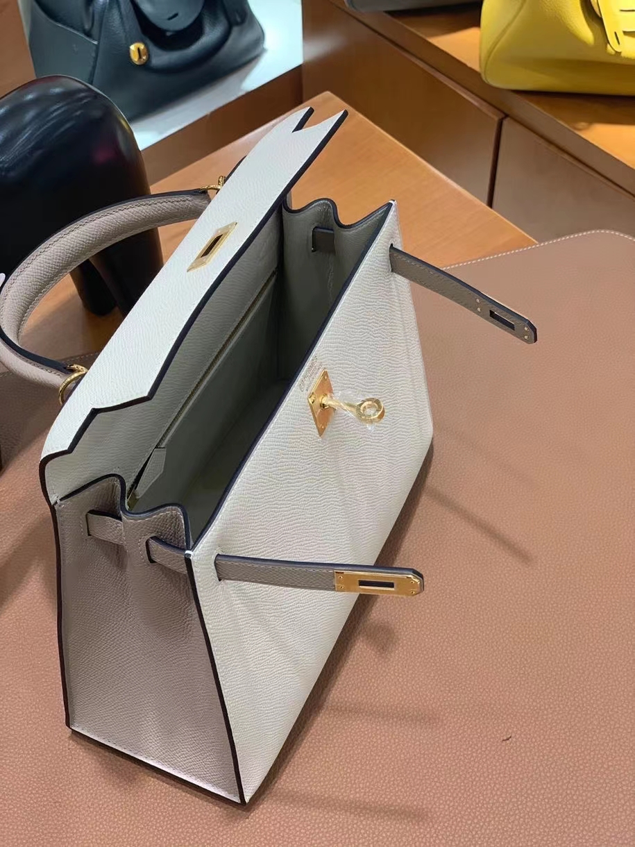 Hermès（爱马仕）Kelly 凯莉包 Epsom 奶昔白拼斑鸠灰 金扣 25cm