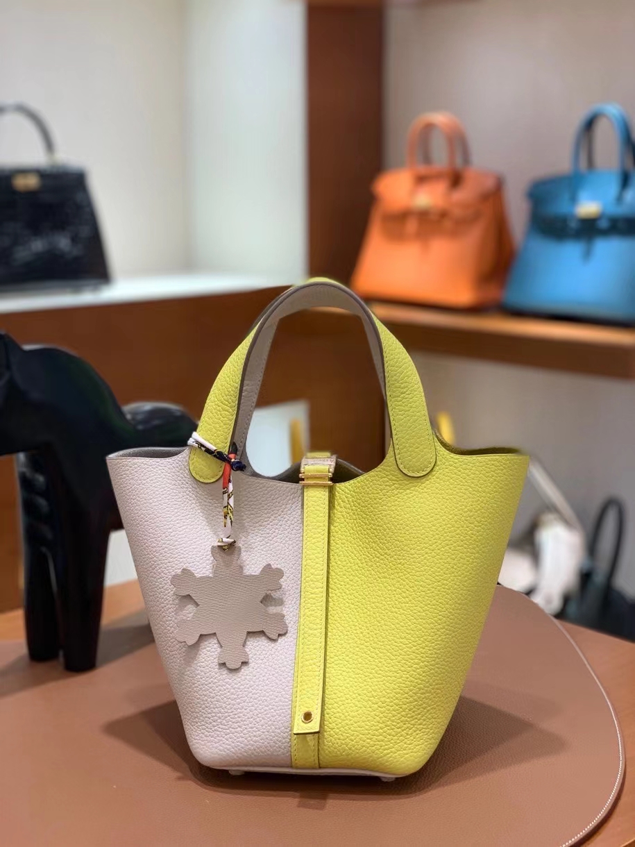 Hermès（爱马仕）Picotin 菜篮子 TC皮 奶昔白 拼 柠檬黄 18cm 金扣