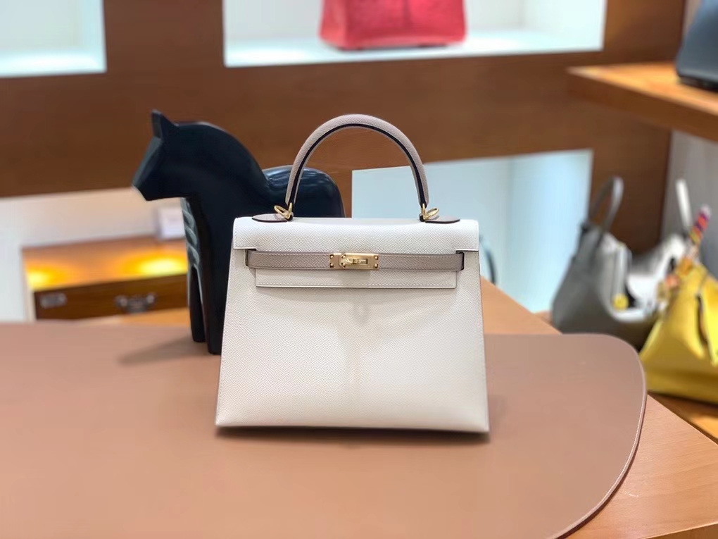 Hermès（爱马仕）Kelly 凯莉包 Epsom 奶昔白拼斑鸠灰 金扣 25cm