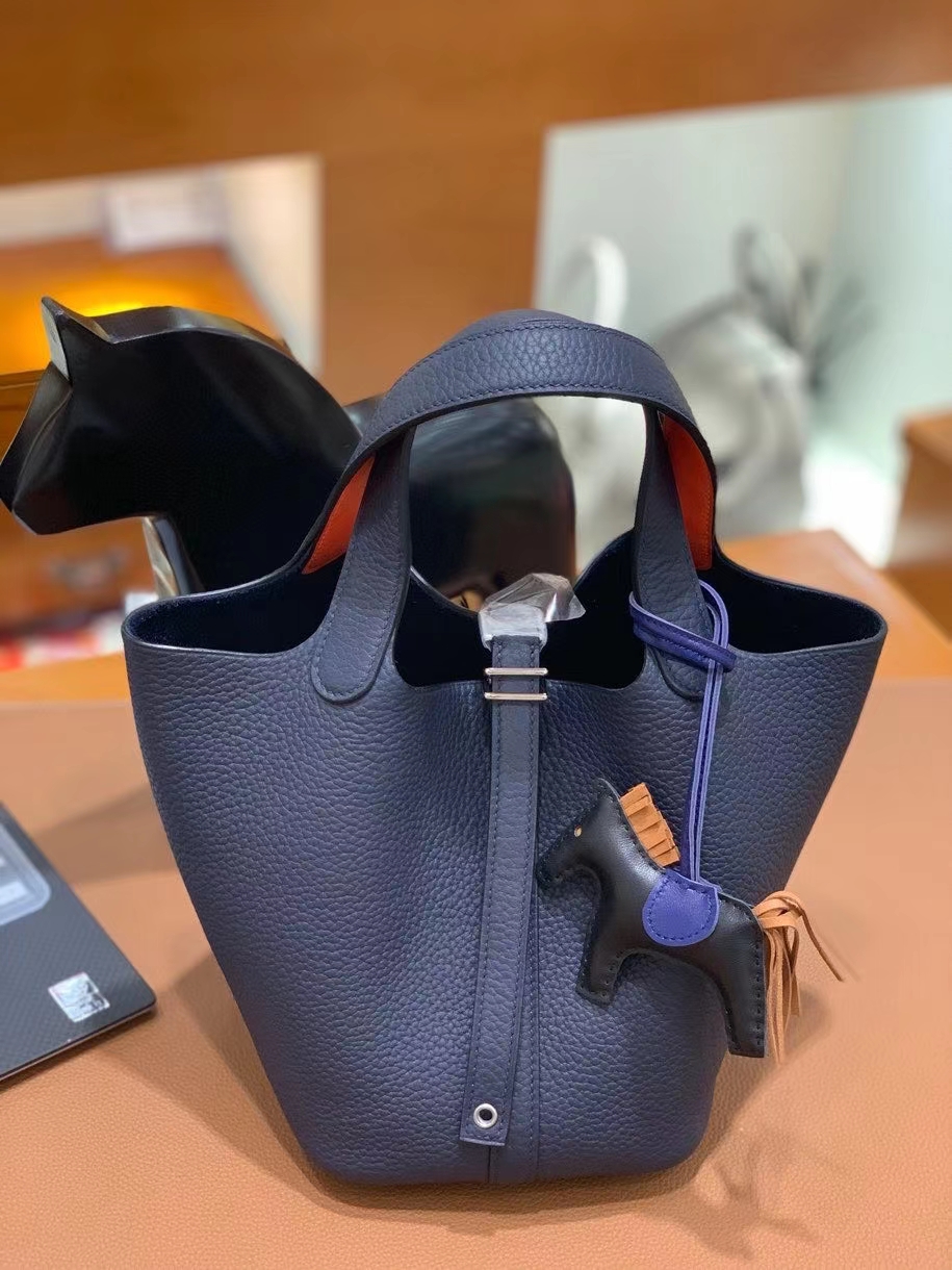 Hermès（爱马仕）Picotin 菜篮子 swift 拼 TC皮 午夜蓝 拼 罂粟橘 18cm 银扣 现货