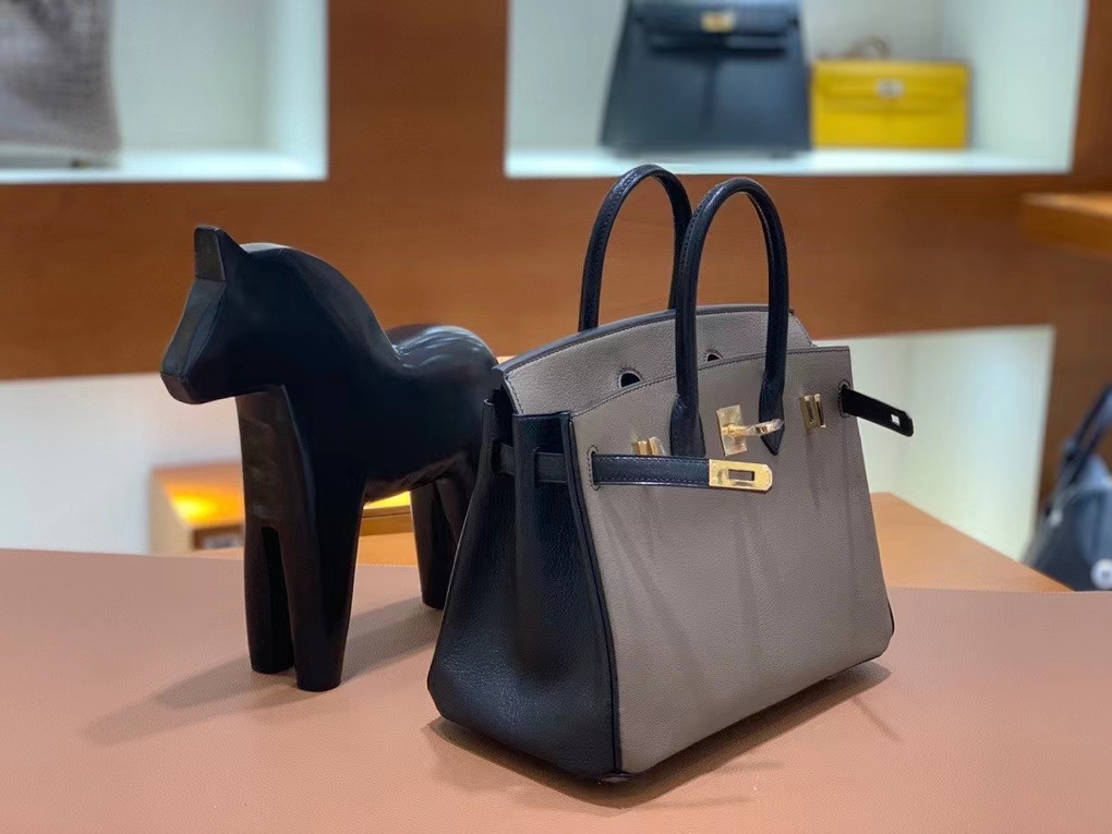 Hermès（爱马仕）Birkin 铂金包 山羊皮 大象灰拼黑色 金扣 25cm