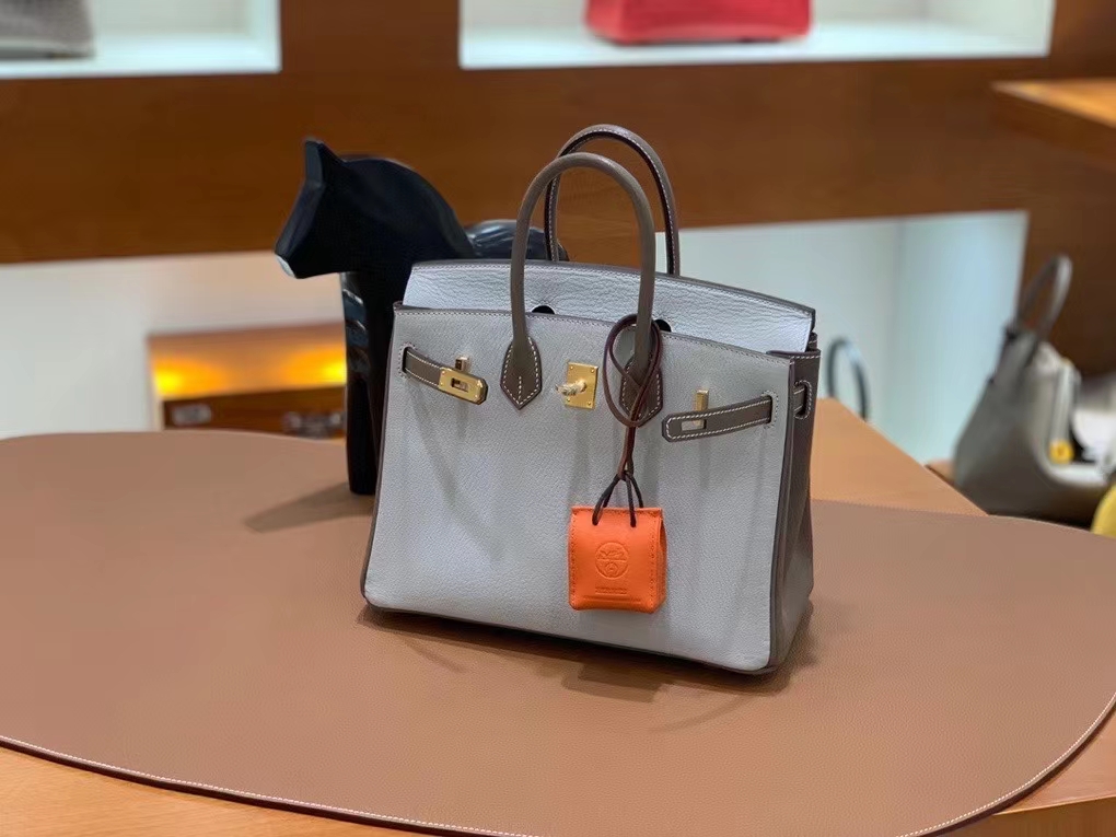 Hermès（爱马仕）Birkin 铂金包 山羊皮 大象灰 拼 珍珠灰 金扣 25cm