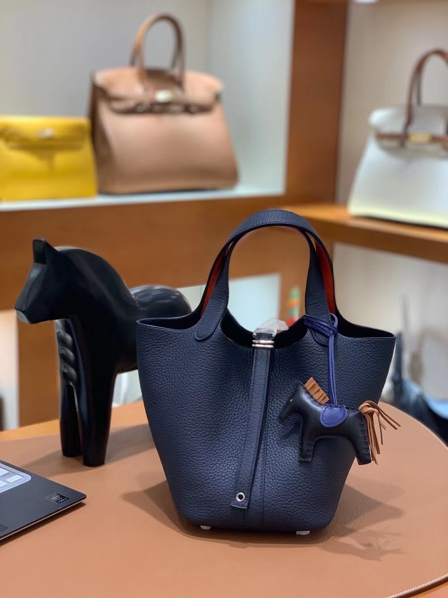 Hermès（爱马仕）Picotin 菜篮子 swift 拼 TC皮 午夜蓝 拼 罂粟橘 18cm 银扣 现货