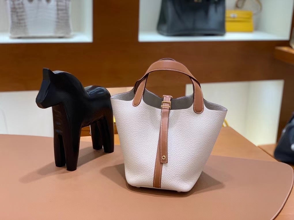 Hermès（爱马仕）Picotin 菜篮子 swift 拼 TC 金棕色 拼 奶昔白 18cm 金扣 现货