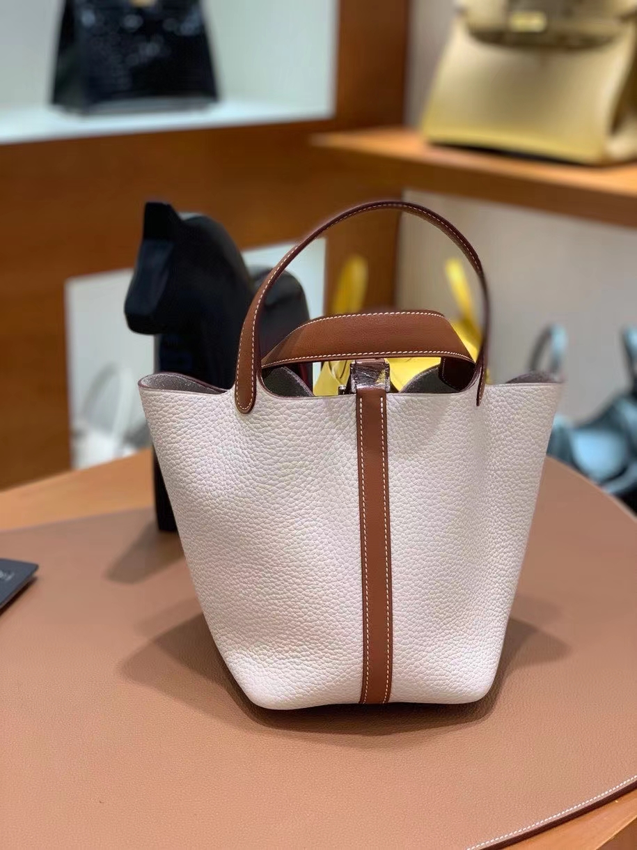 Hermès（爱马仕）Picotin 菜篮子 swift 拼 TC 金棕色 拼 奶昔白 18cm 银扣 现货