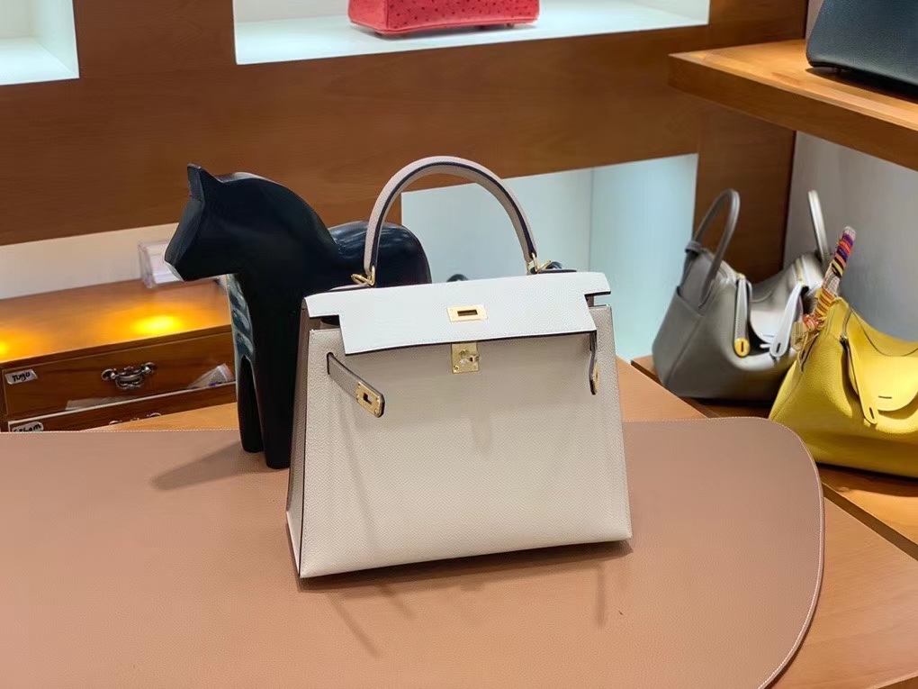 Hermès（爱马仕）Kelly 凯莉包 Epsom 奶昔白拼斑鸠灰 金扣 25cm