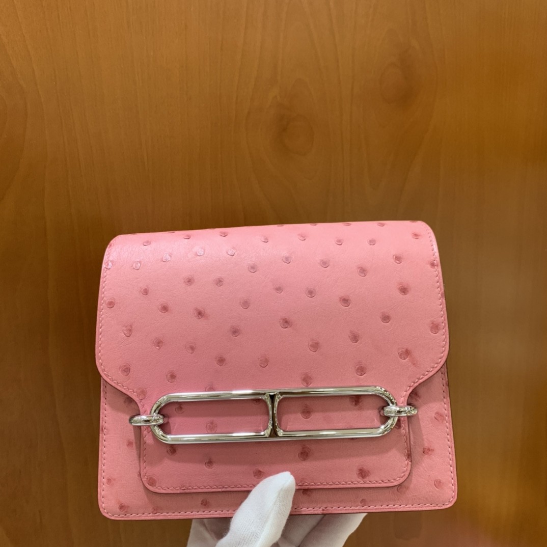Hermès（爱马仕）Roulis 猪鼻子 鸵鸟皮 泡泡粉 18cm 银扣 现货