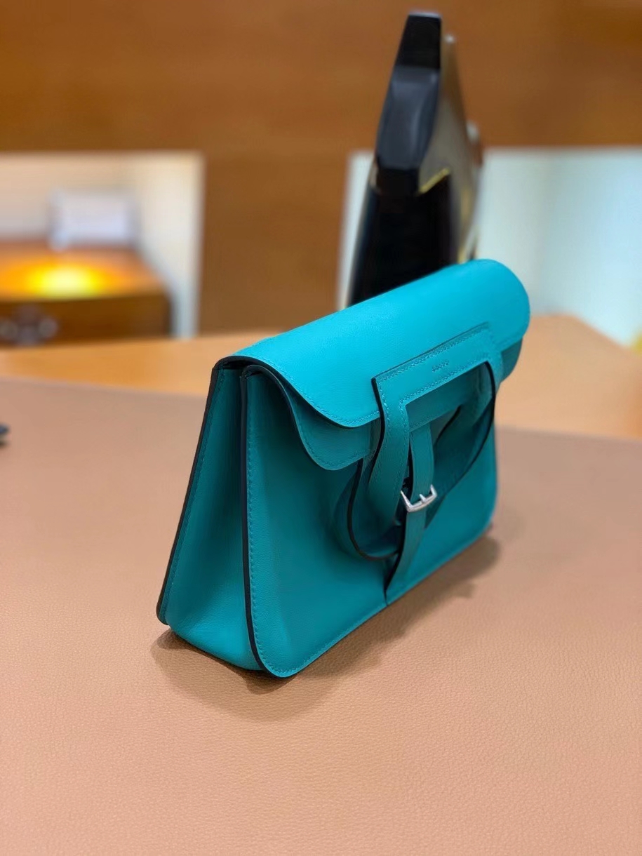 Hermès（爱马仕）Halzan 7F 孔雀蓝 Swift皮 22cm 银扣 现货