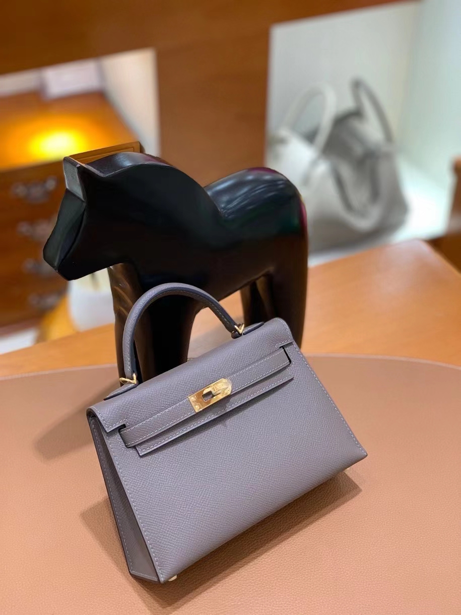 Hermès（爱马仕）epsom 锡器灰 miniKelly 19 金扣 现货