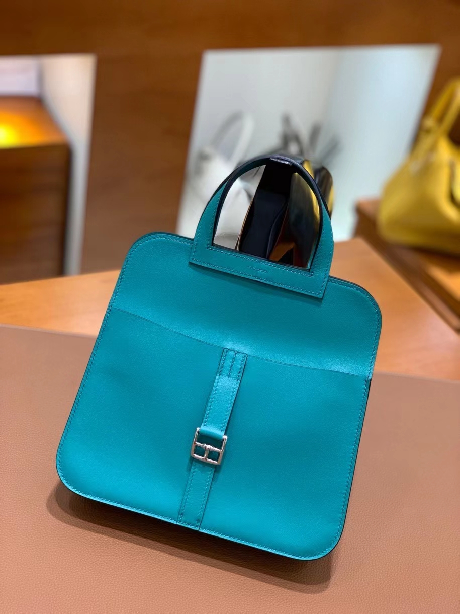 Hermès（爱马仕）Halzan 7F 孔雀蓝 Swift皮 22cm 银扣 现货