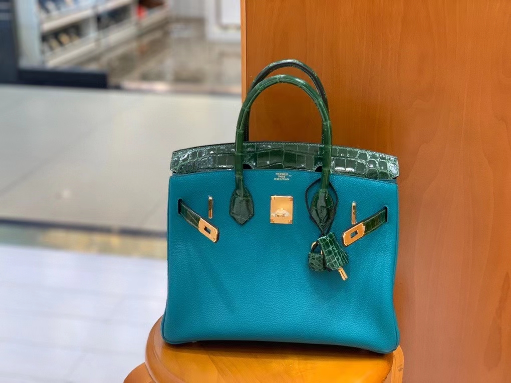 Hermès（爱马仕）Birkin Touch Togo 鳄鱼皮 孔雀绿 金扣 30cm