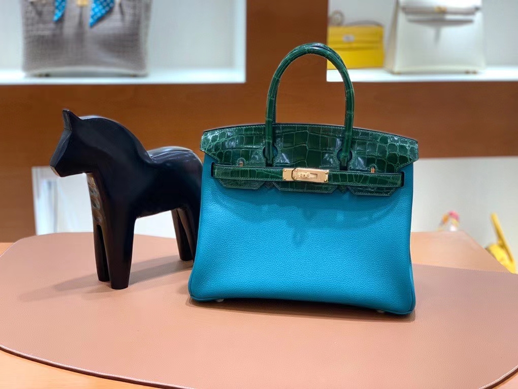 Hermès（爱马仕）Birkin Touch Togo 鳄鱼皮 孔雀绿 金扣 30cm
