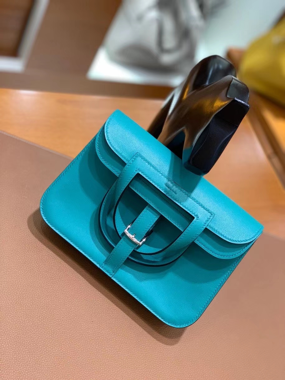 Hermès（爱马仕）Halzan 7F 孔雀蓝 Swift皮 22cm 银扣 现货