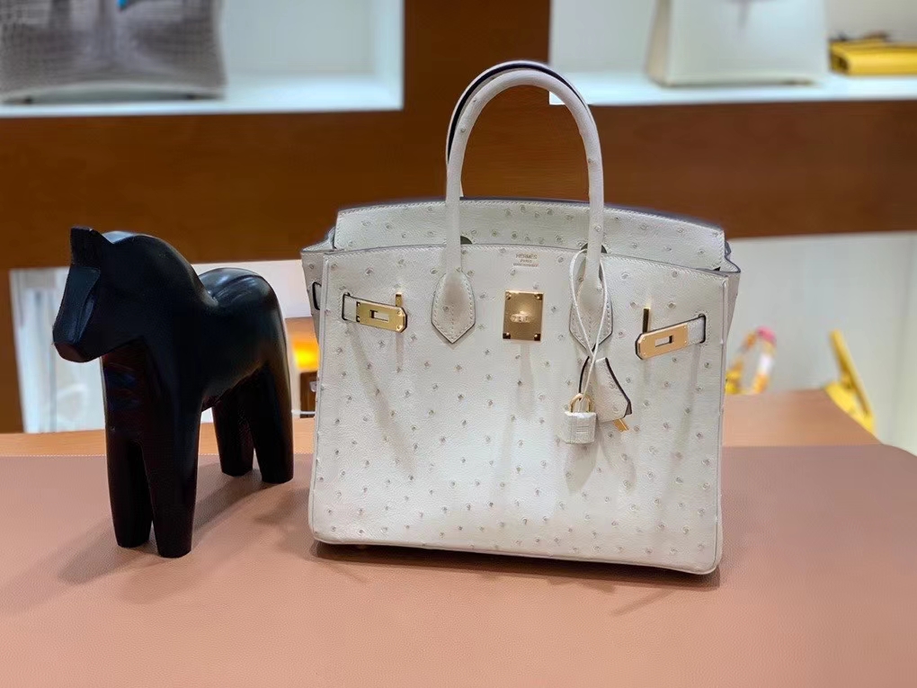 Hermès（爱马仕）Birkin 铂金包 鸵鸟皮 羊毛白 金扣 30cm
