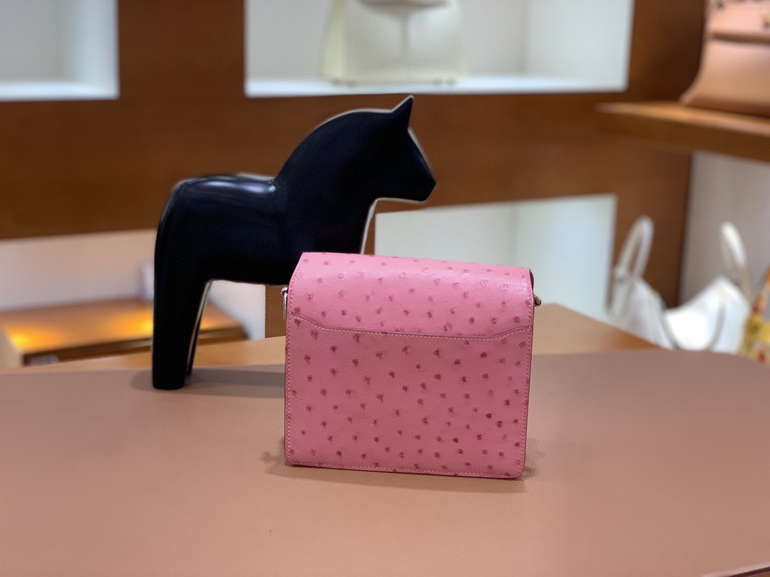 Hermès（爱马仕）Roulis 猪鼻子 鸵鸟皮 泡泡粉 18cm 银扣 现货