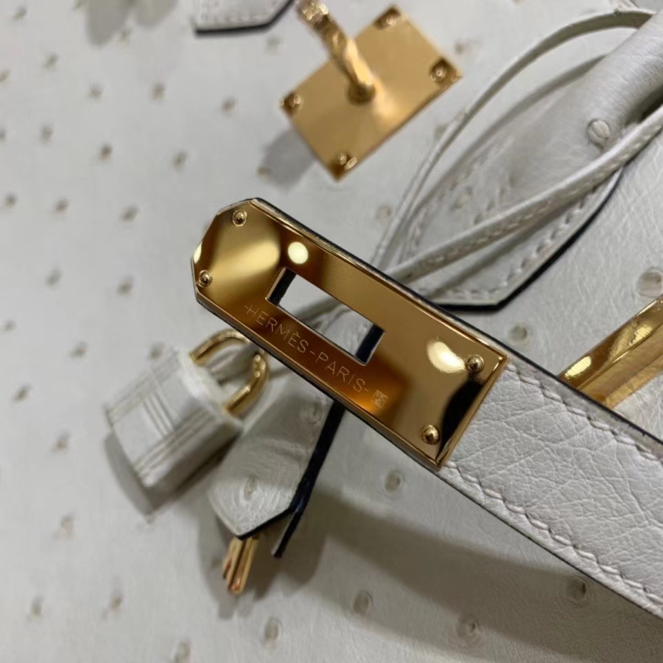 Hermès（爱马仕）Birkin 铂金包 鸵鸟皮 羊毛白 金扣 30cm