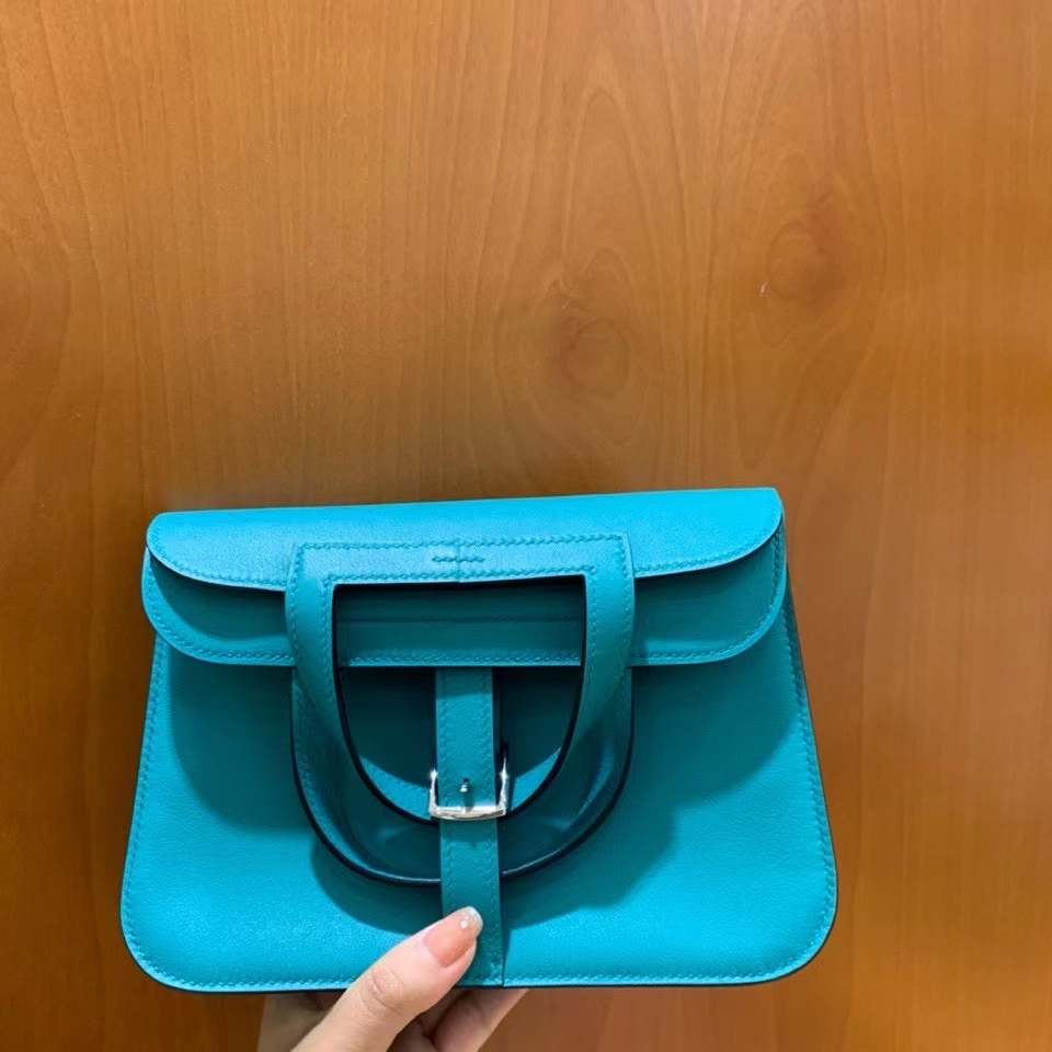 Hermès（爱马仕）Halzan 7F 孔雀蓝 Swift皮 22cm 银扣 现货