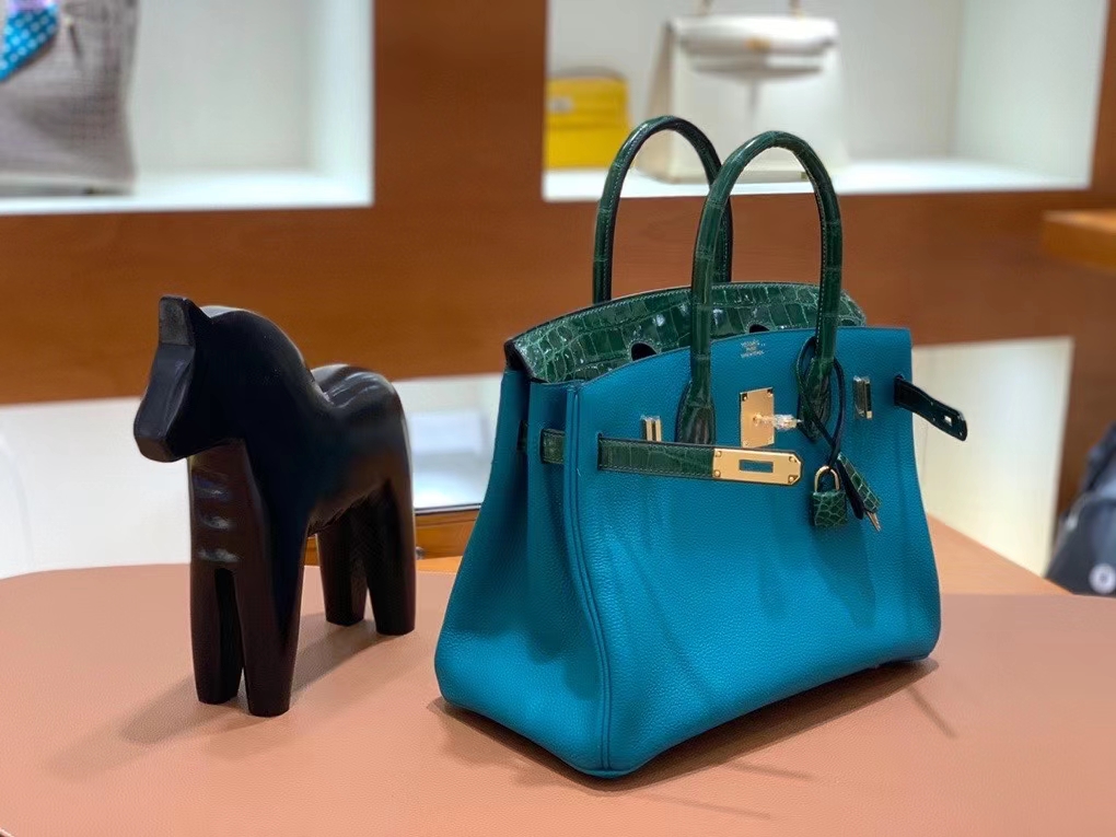 Hermès（爱马仕）Birkin Touch Togo 鳄鱼皮 孔雀绿 金扣 30cm