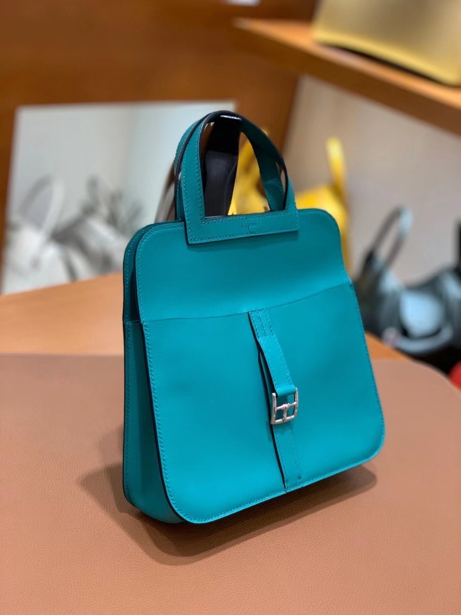 Hermès（爱马仕）Halzan 7F 孔雀蓝 Swift皮 22cm 银扣 现货