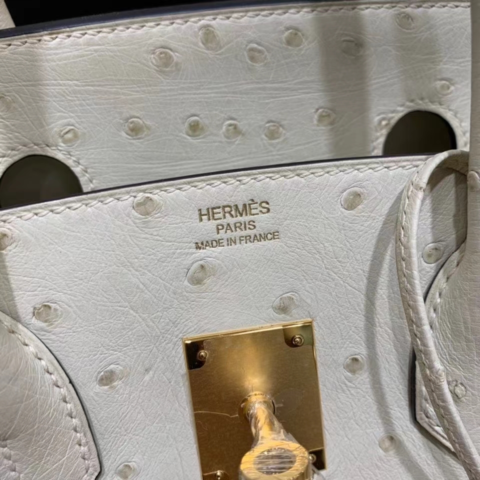 Hermès（爱马仕）Birkin 铂金包 鸵鸟皮 羊毛白 金扣 30cm