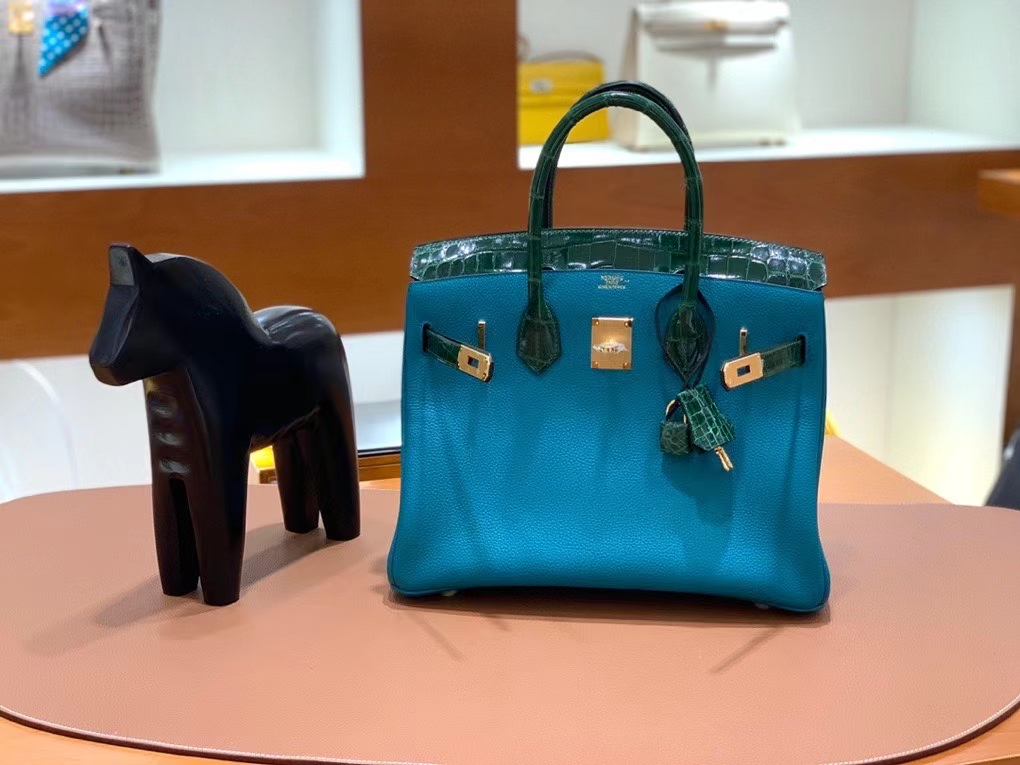 Hermès（爱马仕）Birkin Touch Togo 鳄鱼皮 孔雀绿 金扣 30cm