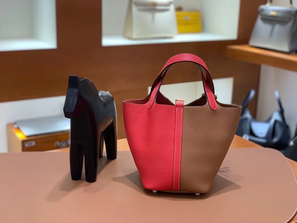 Hermès（爱马仕）Picotin 菜篮子 TC 心红拼金棕色 18cm 金扣 现货