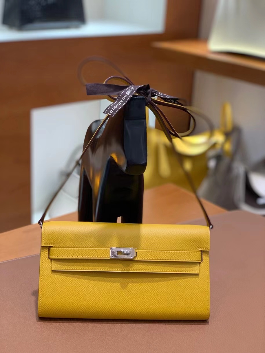 Hermès（爱马仕）Epsom 9D琥珀黄 Kelly to go wallet 银扣 现货