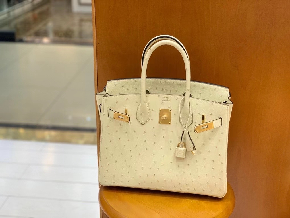 Hermès（爱马仕）Birkin 铂金包 鸵鸟皮 羊毛白 金扣 30cm