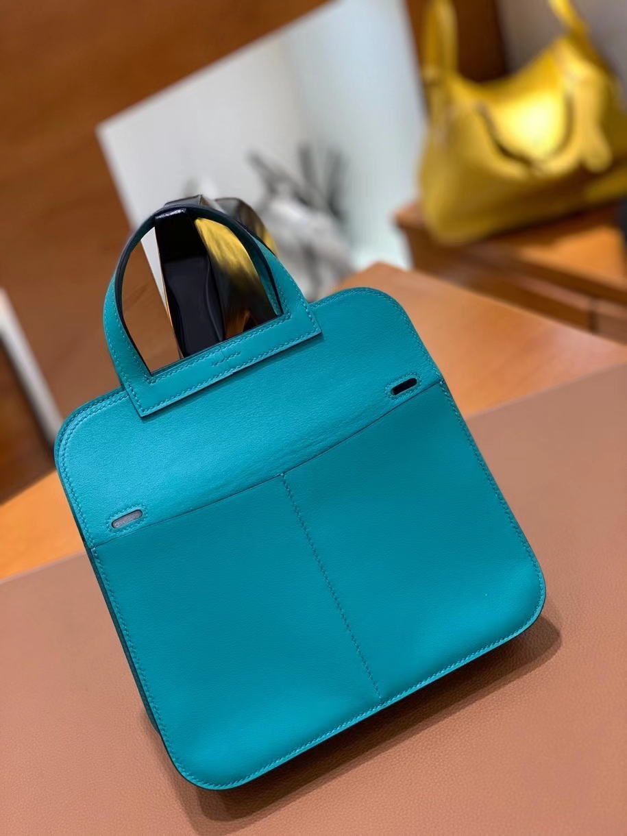 Hermès（爱马仕）Halzan 7F 孔雀蓝 Swift皮 22cm 银扣 现货