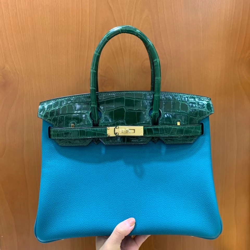 Hermès（爱马仕）Birkin Touch Togo 鳄鱼皮 孔雀绿 金扣 30cm