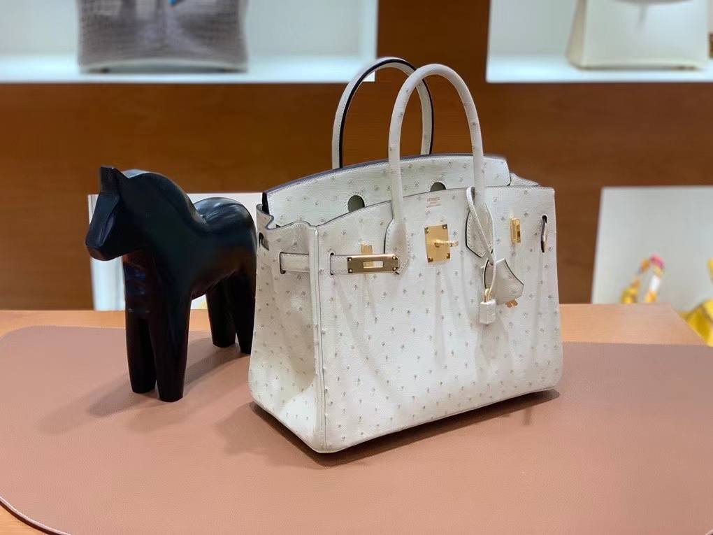 Hermès（爱马仕）Birkin 铂金包 鸵鸟皮 羊毛白 金扣 30cm