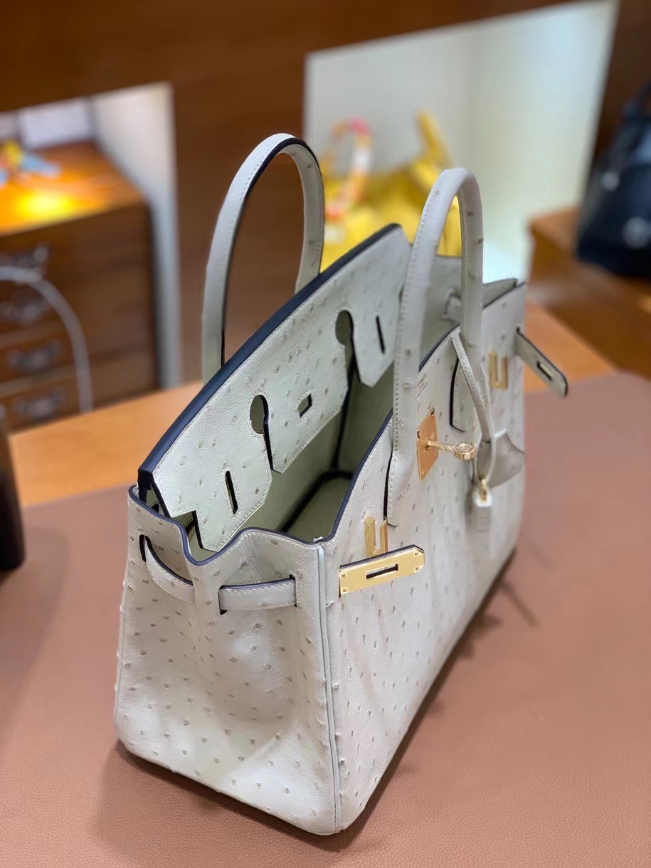 Hermès（爱马仕）Birkin 铂金包 鸵鸟皮 羊毛白 金扣 30cm