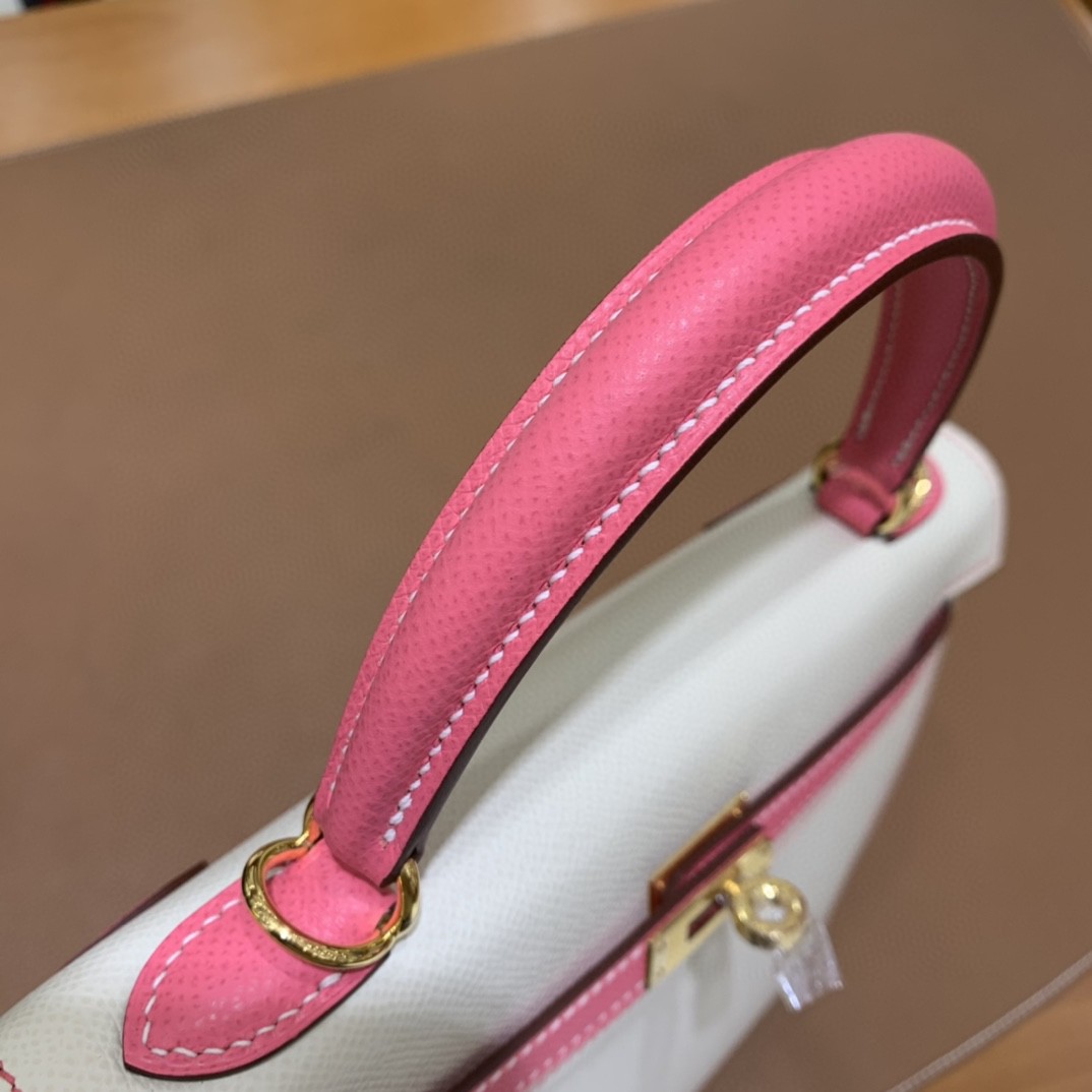Hermès（爱马仕） Kelly 凯莉包 epsom 唇膏粉拼奶昔白 金扣 反色线 25cm
