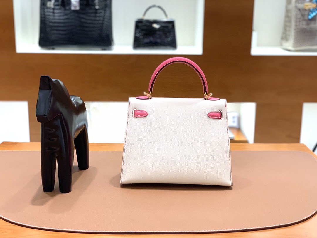 Hermès（爱马仕） Kelly 凯莉包 epsom 唇膏粉拼奶昔白 金扣 反色线 25cm