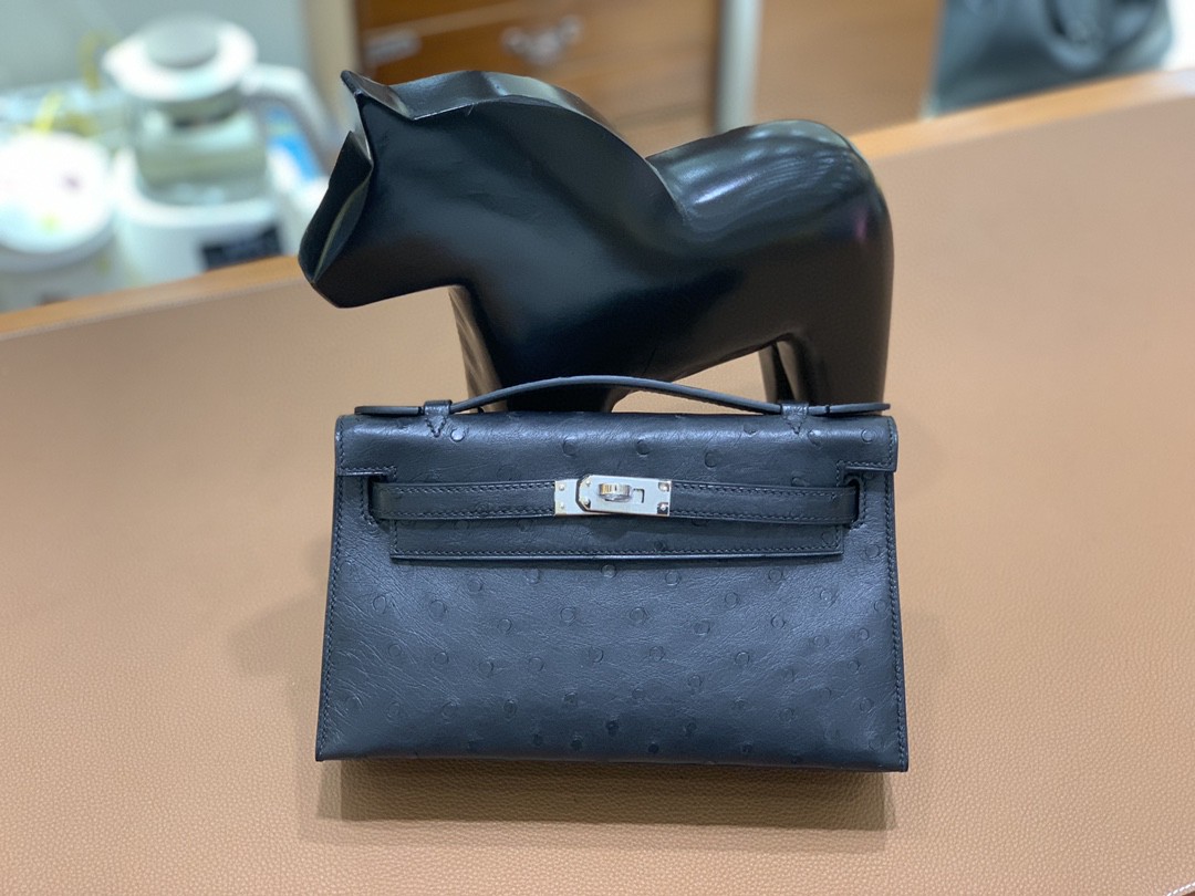 Hermès（爱马仕）mini Kelly 迷你凯莉 鸵鸟皮 黑色 银扣 22
