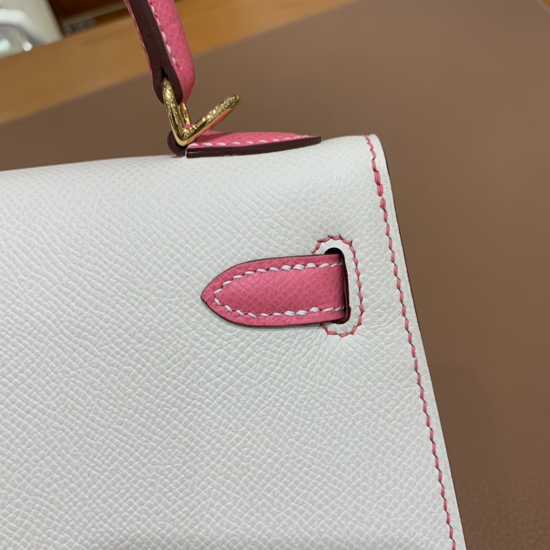 Hermès（爱马仕） Kelly 凯莉包 epsom 唇膏粉拼奶昔白 金扣 反色线 25cm