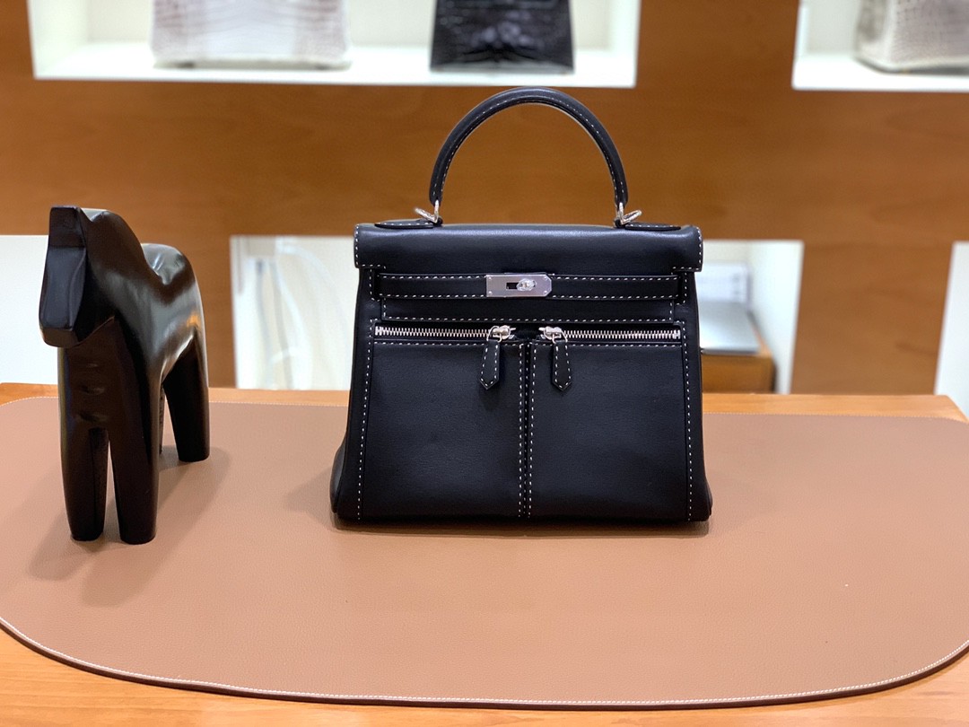 Hermès（爱马仕）Kelly lakis 黑色 swift皮 双色线 银扣 28cm 现货