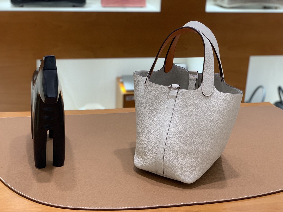 Hermès（爱马仕）Picotin 菜篮包 TC拼Swift 奶油白拼橙色 银扣 18cm