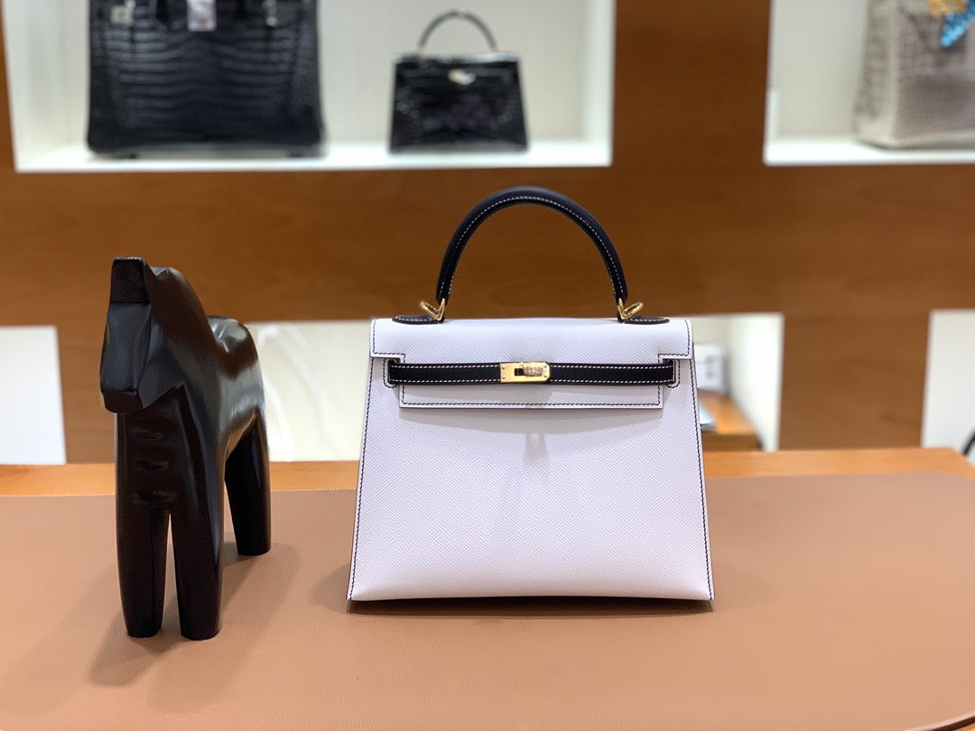 Hermès（爱马仕） Kelly 凯莉包 epsom 黑色拼纯白 金扣 反色线 25cm