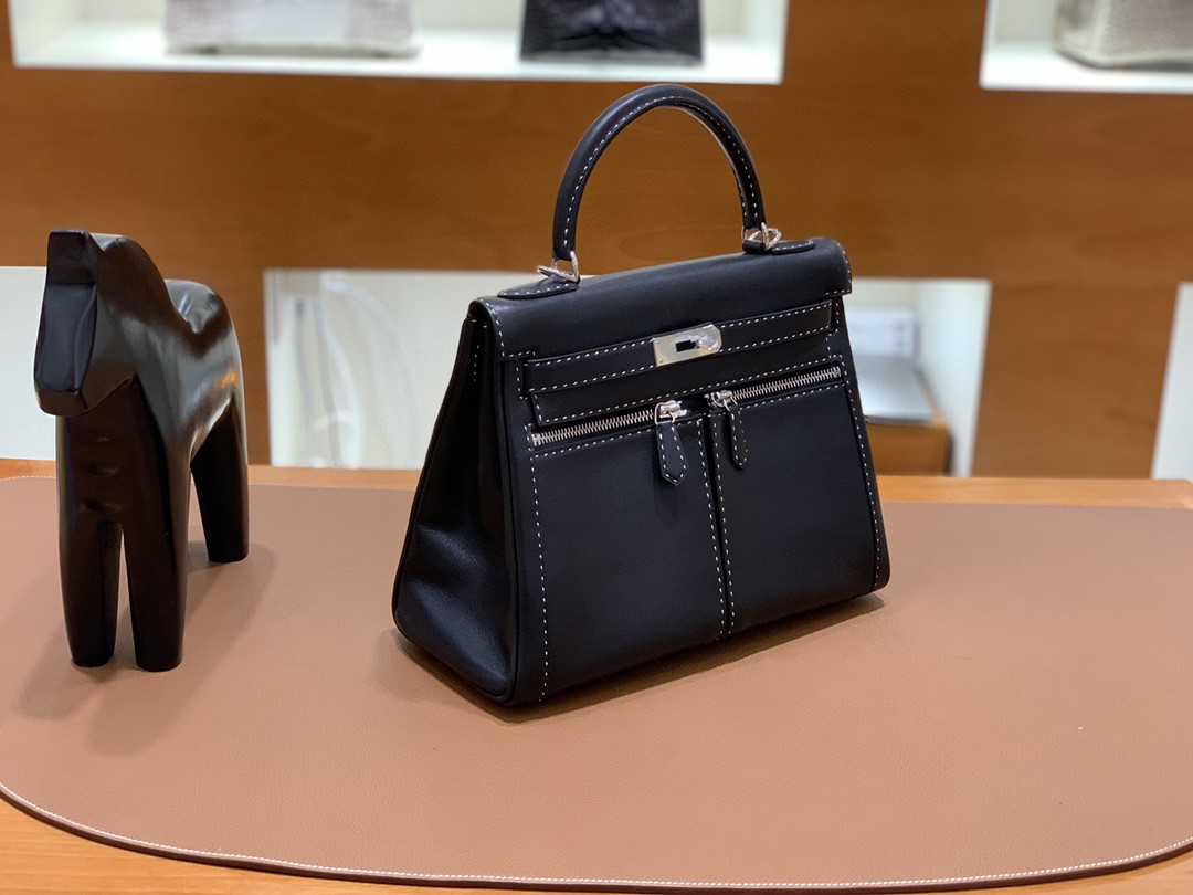 Hermès（爱马仕）Kelly lakis 黑色 swift皮 双色线 银扣 28cm 现货