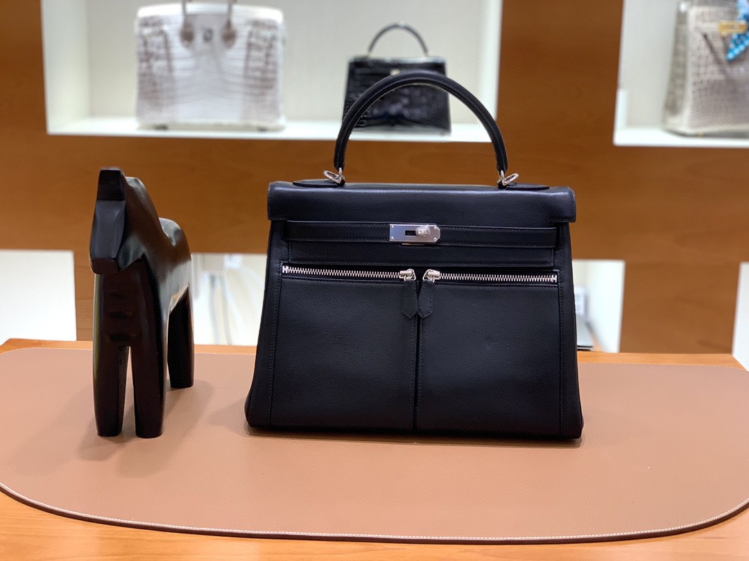 Hermès（爱马仕）Kelly lakis 黑色 swift皮 银扣 32cm 现货
