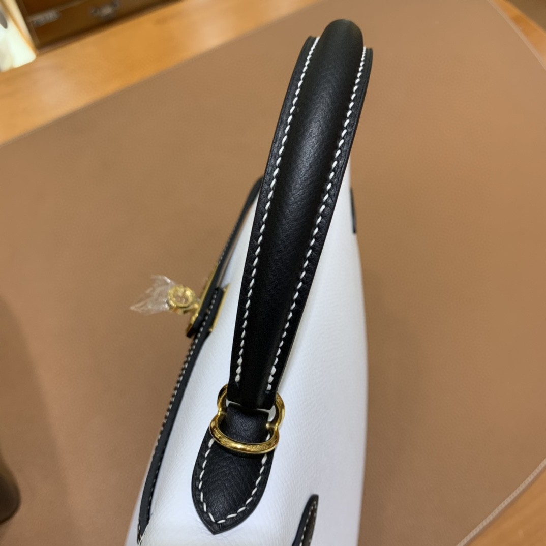 Hermès（爱马仕） Kelly 凯莉包 epsom 黑色拼纯白 金扣 反色线 25cm