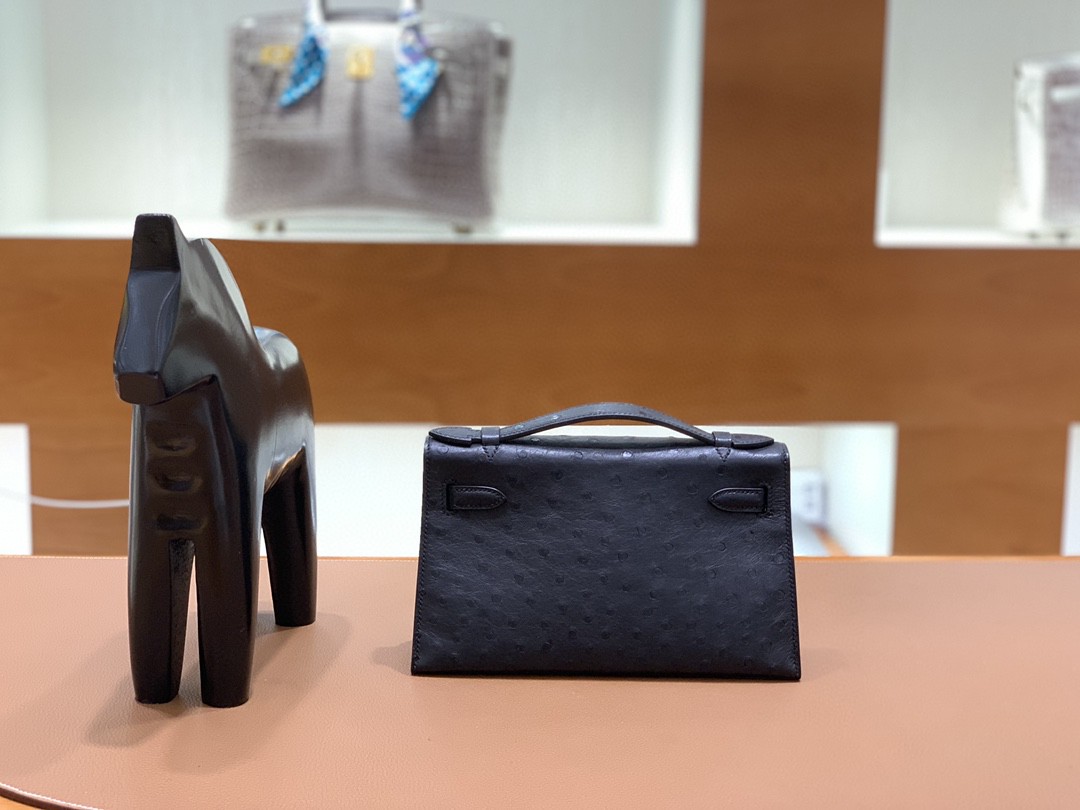Hermès（爱马仕）mini Kelly 迷你凯莉 鸵鸟皮 黑色 银扣 22